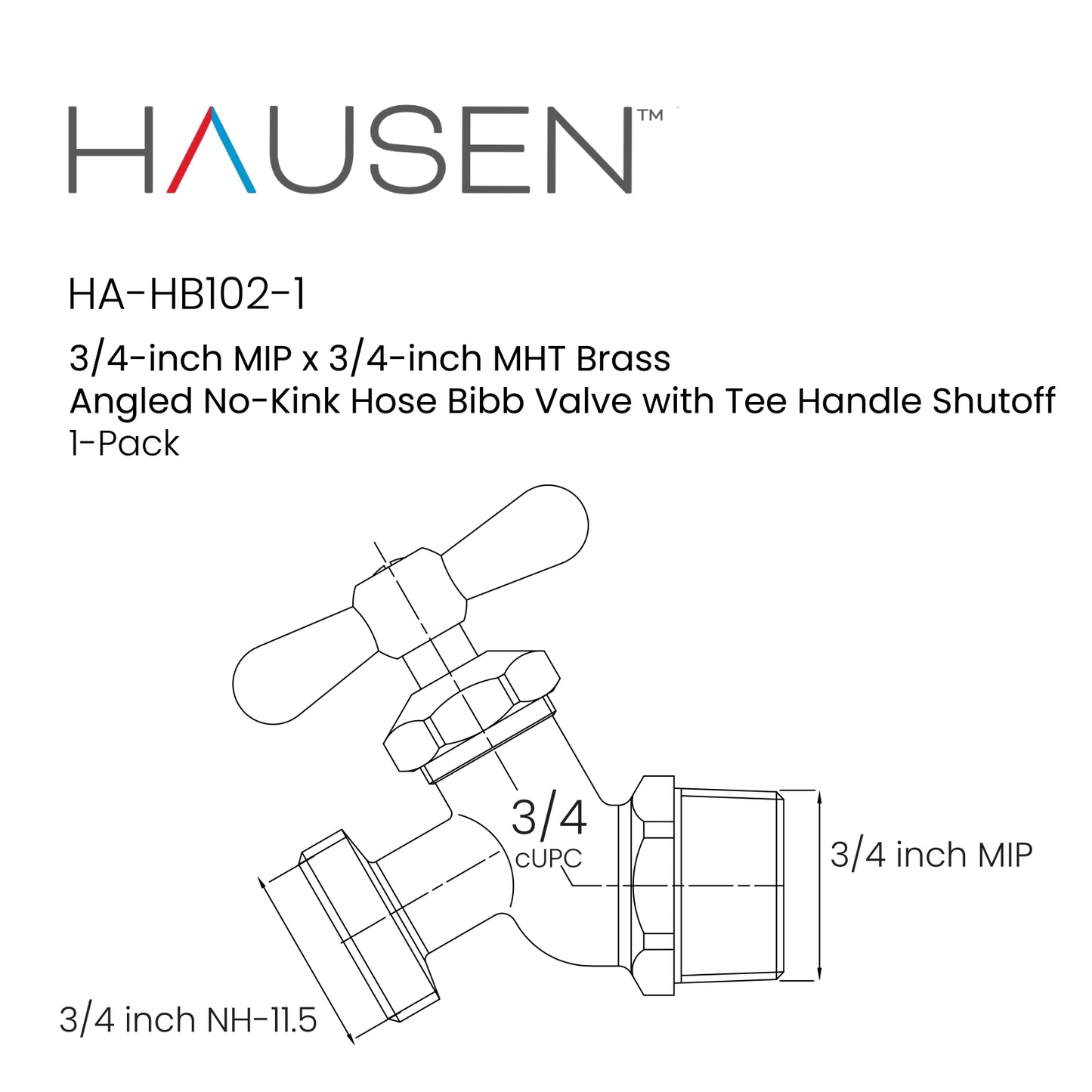 Hausen 3/4-inch MIP x 3/4-inch MHT Brass Angled No-Kink Hose Bibb Valve with Tee Handle Shutoff, 1-Pack
