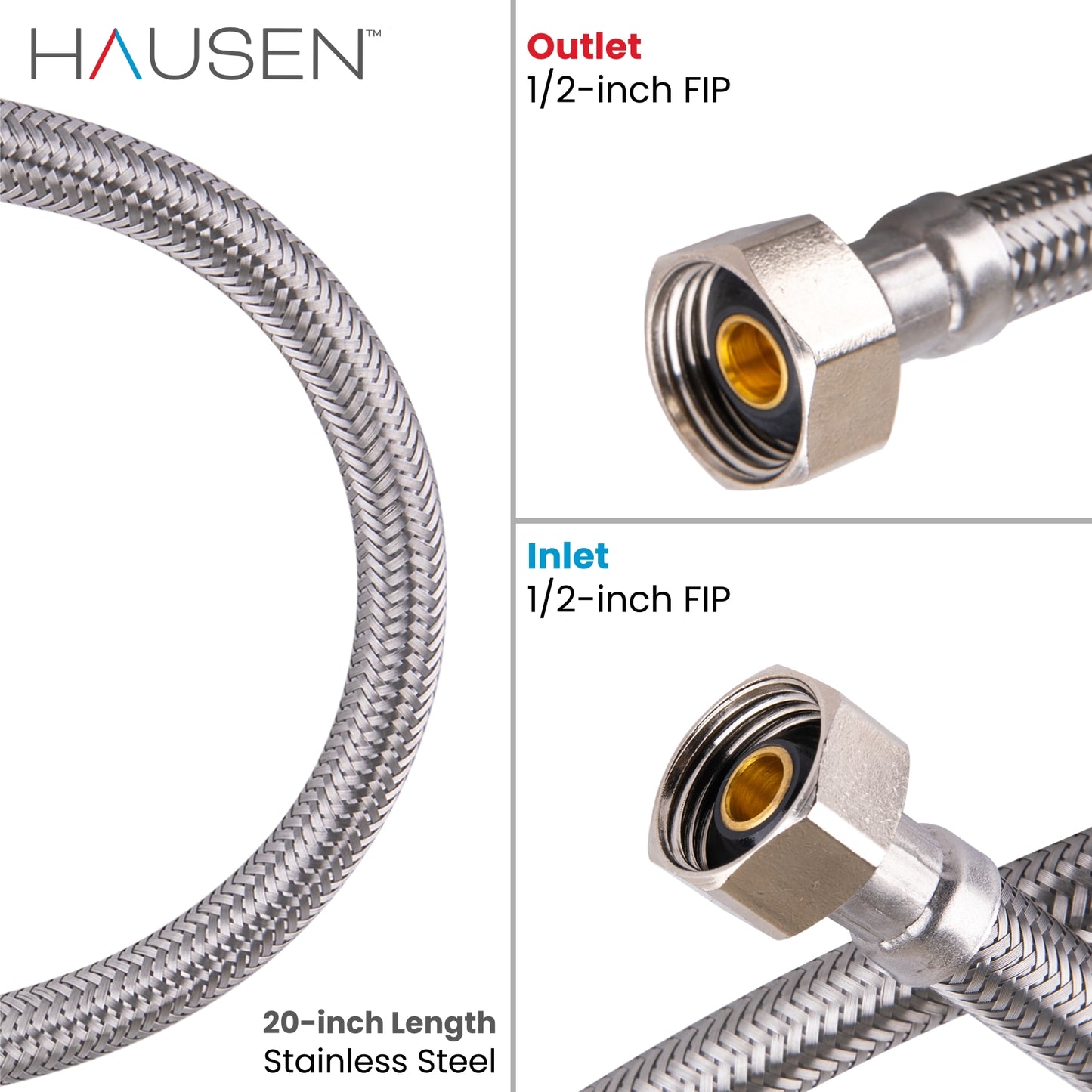 Hausen 1/2-inch FIP (Female Iron Pipe) x 1/2-inch FIP (Female Iron Pipe) x 20-inch Length Stainless Steel Faucet Water Supply Connector; Lead Free; Compatible with Standard Faucets, 2-Pack