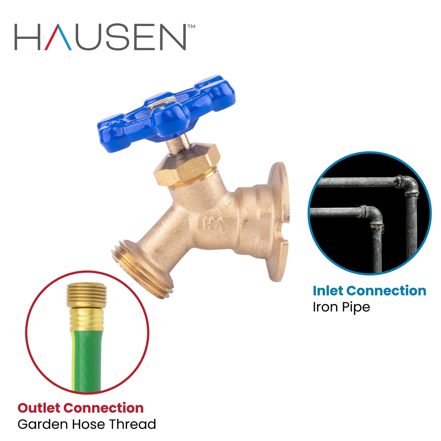 Hausen 1/2-inch FIP (Female Iron Pipe) x 3/4-inch MHT (Male Hose Thread) Brass Sillcock Valve with Handle Shutoff; cUPC Certified, Compatible with Standard Garden Hoses, 10-Pack