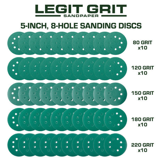5-Inch 8-Hole Hook & Loop Sanding Discs, Mixed Grit, 50-Pack
