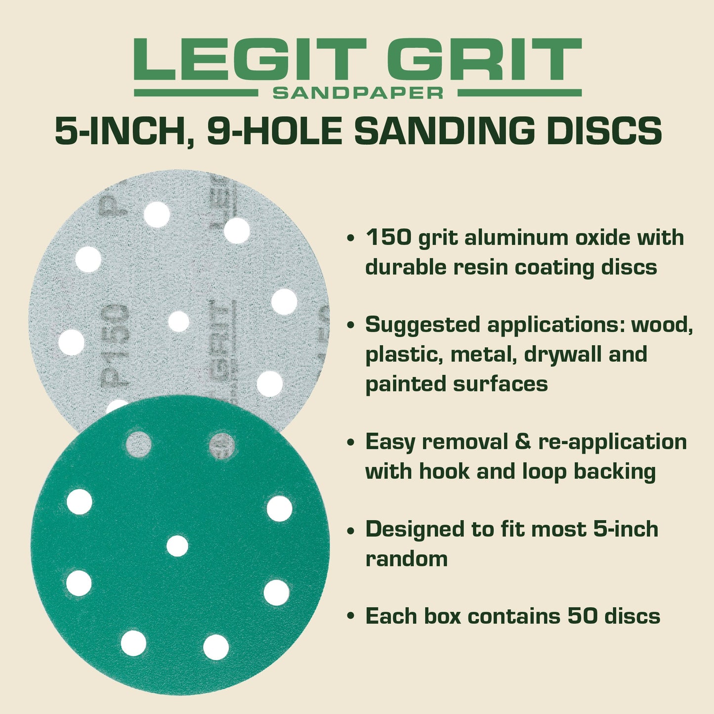 5-Inch 9-Hole Hook & Loop Sanding Discs, Single Grit, 50/100/150-Packs