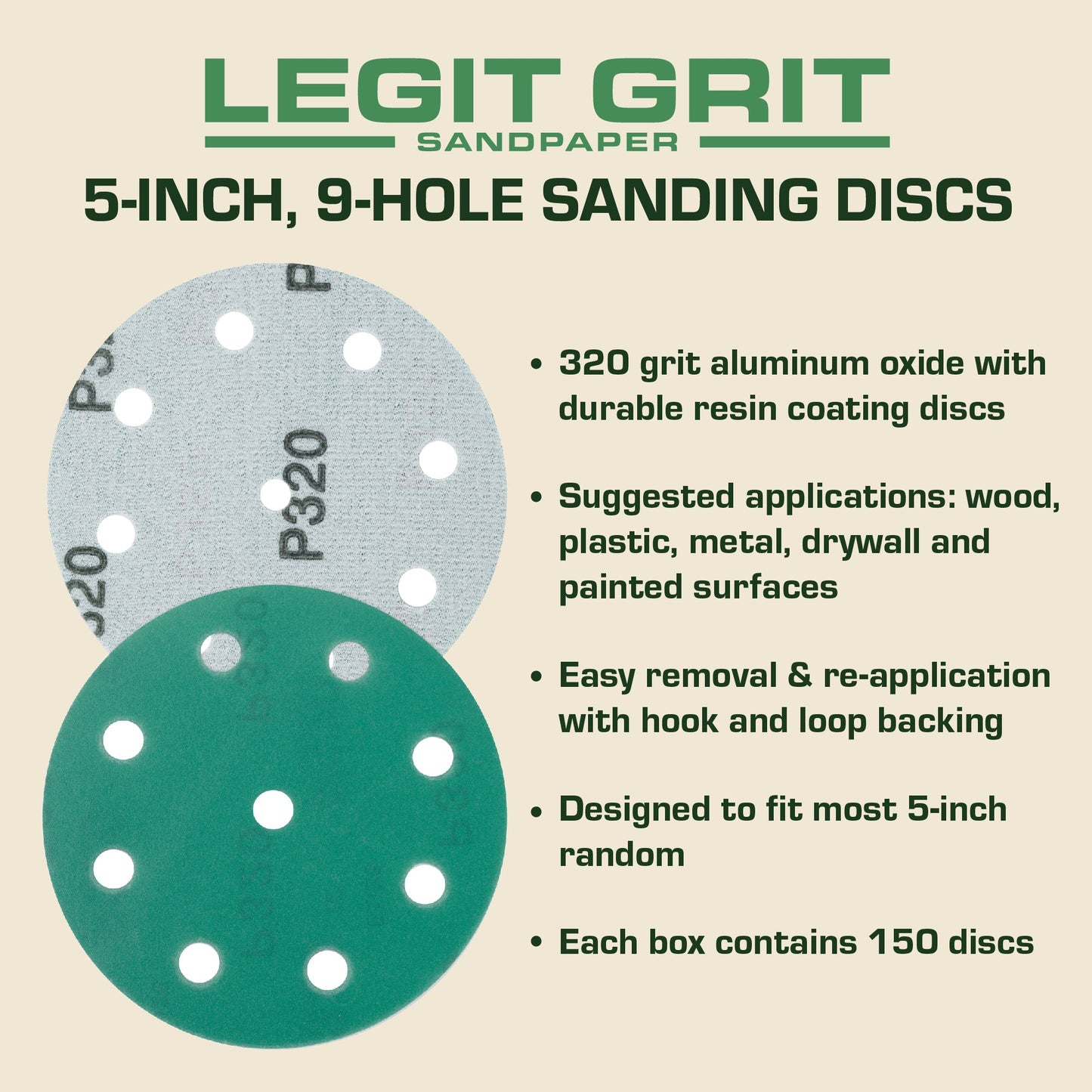 5-Inch 9-Hole Hook & Loop Sanding Discs, Single Grit, 50/100/150-Packs