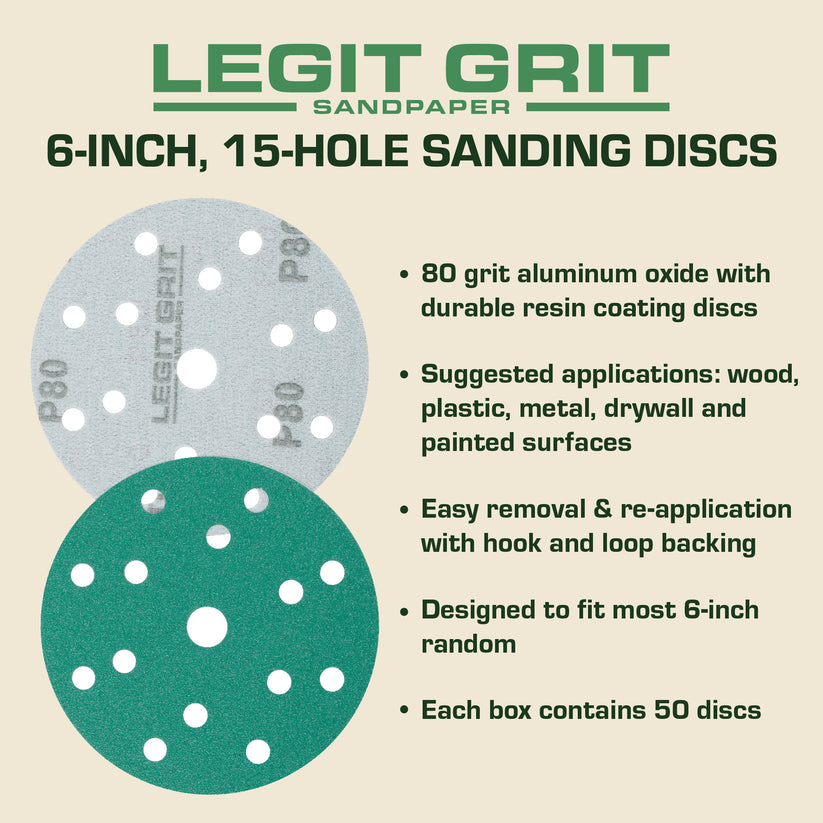 6-Inch 15-Hole Hook & Loop Sanding Discs, Mixed Grit, 50-Pack