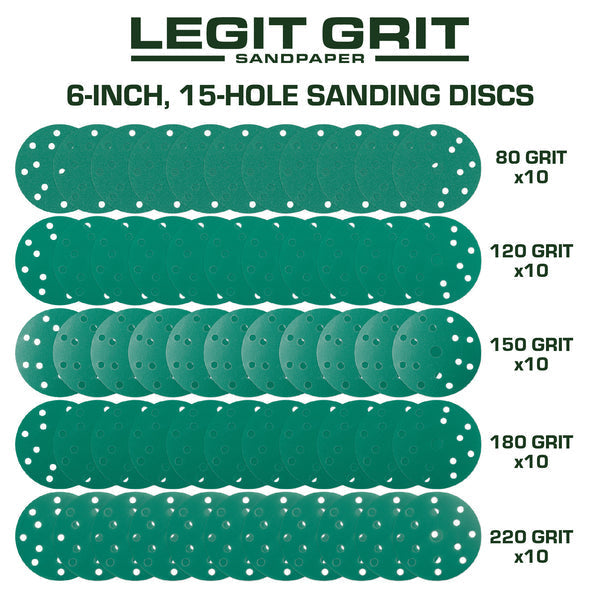 6-Inch 15-Hole Hook & Loop Sanding Discs, Mixed Grit, 50-Pack