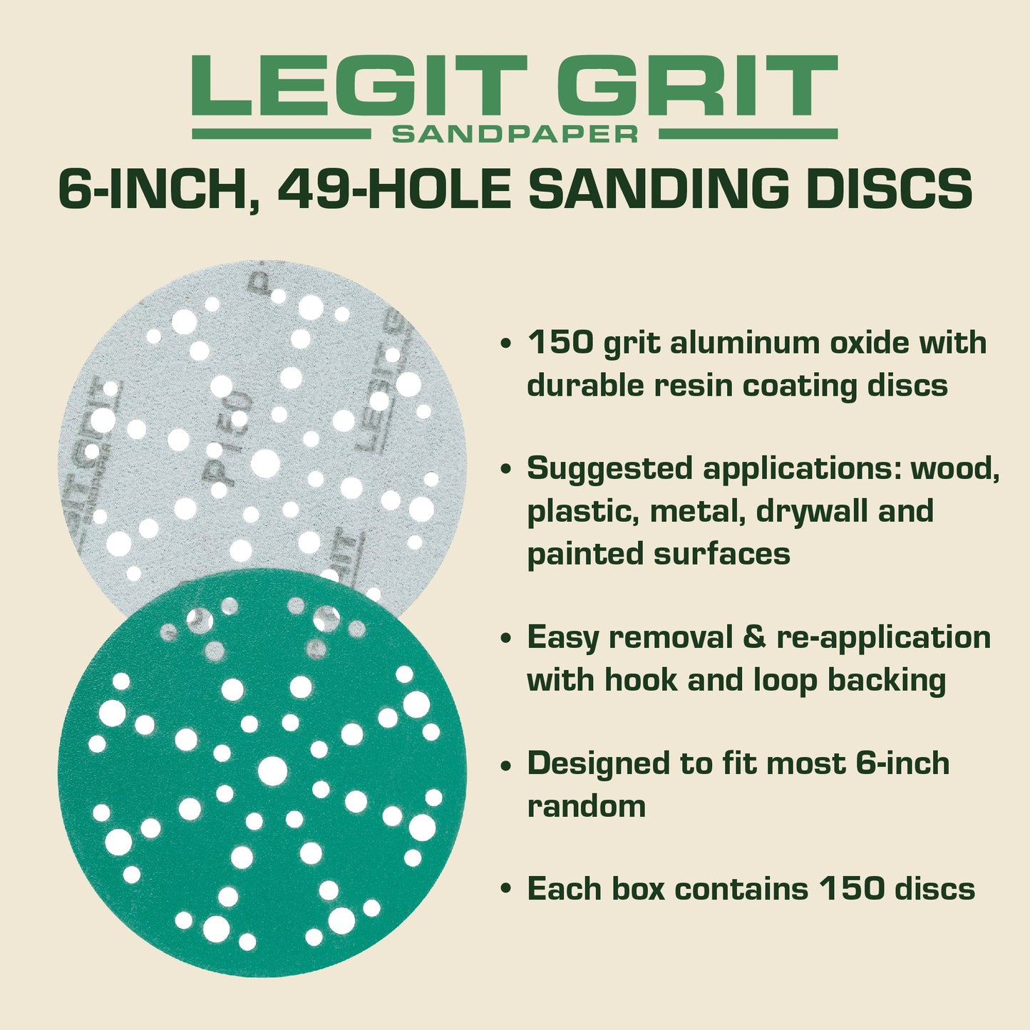 6-Inch 49-Hole Hook & Loop Sanding Discs, Single Grit, 50/100/150-Packs