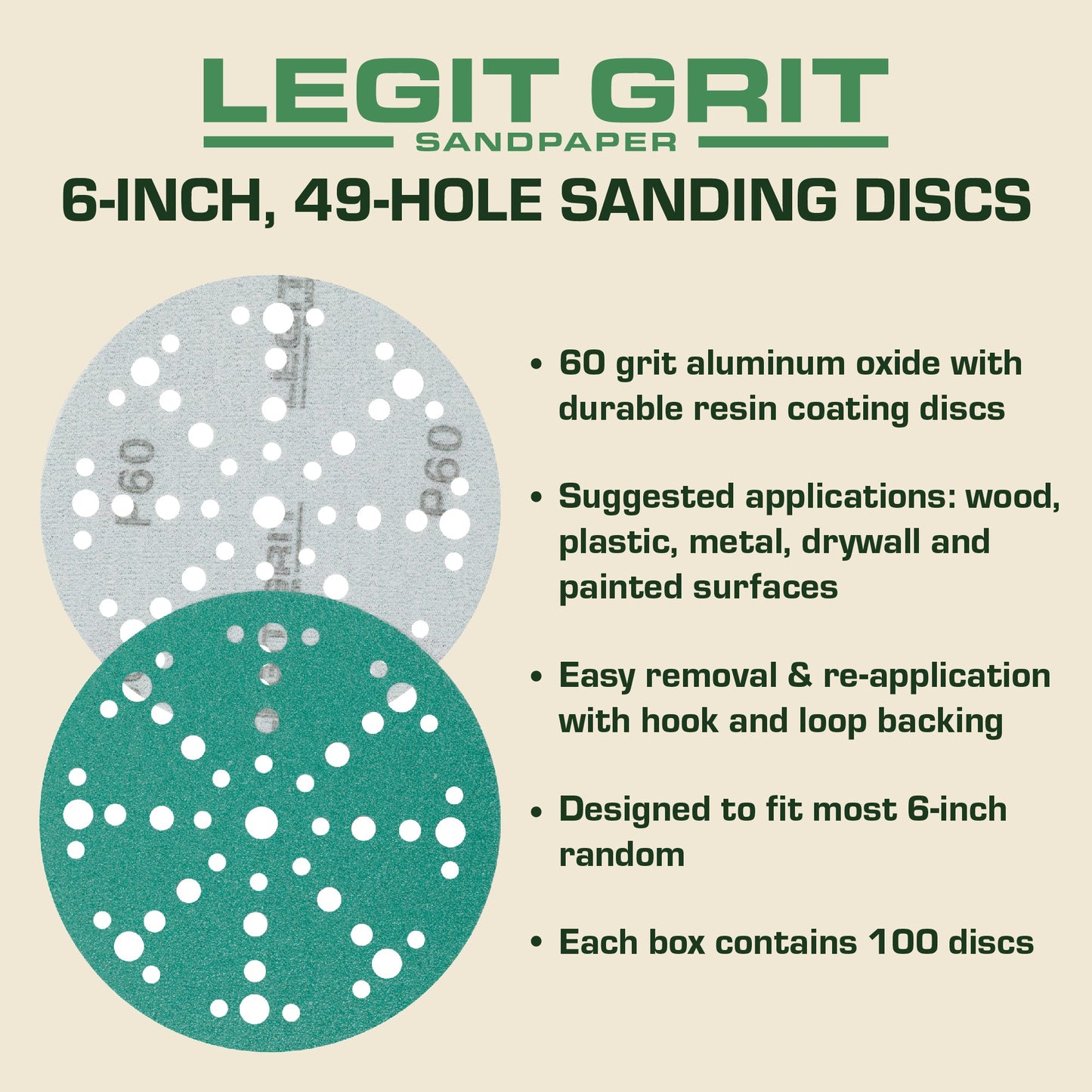 6-Inch 49-Hole Hook & Loop Sanding Discs, Single Grit, 50/100/150-Packs