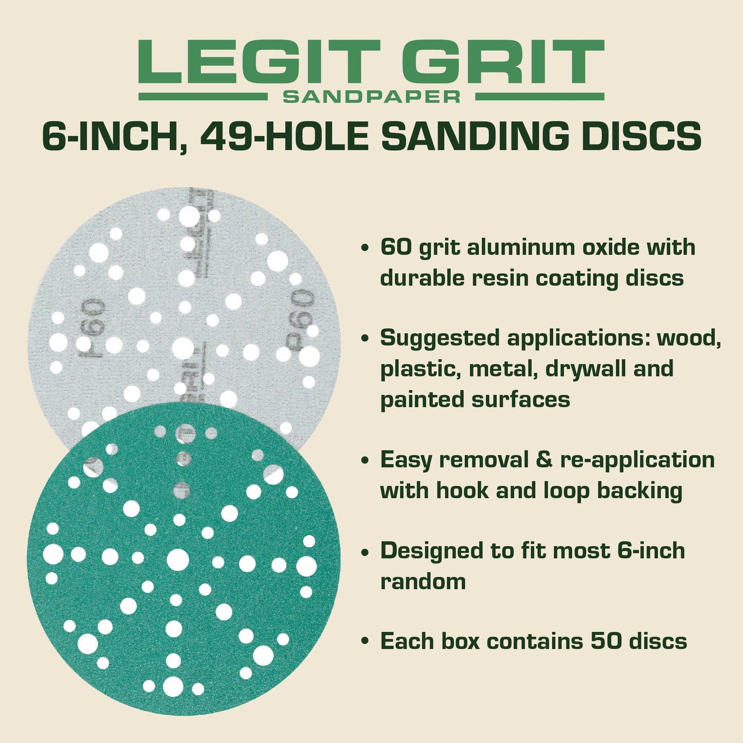 6-Inch 49-Hole Hook & Loop Sanding Discs, Single Grit, 50/100/150-Packs