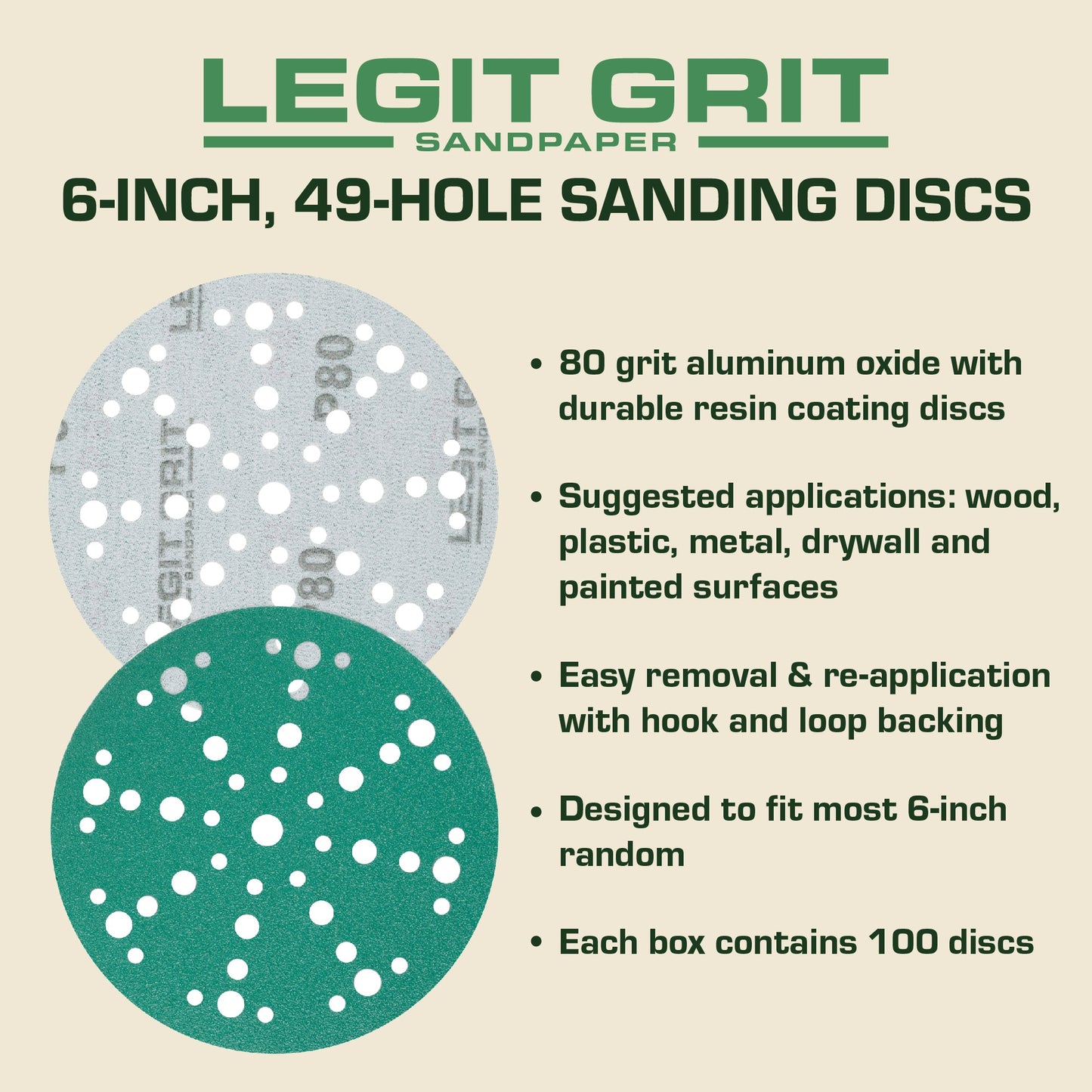 6-Inch 49-Hole Hook & Loop Sanding Discs, Single Grit, 50/100/150-Packs