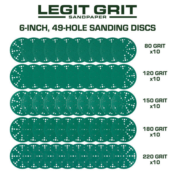 6-Inch 49-Hole Hook & Loop Sanding Discs, Mixed Grit, 50-Pack