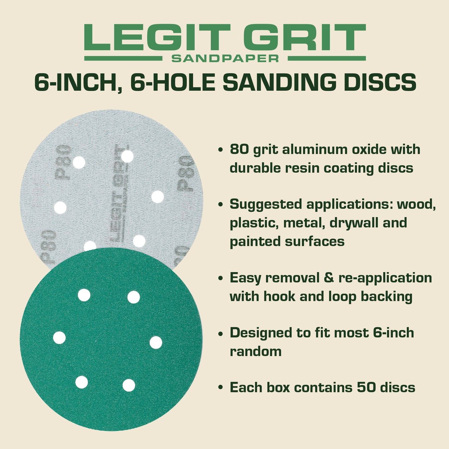 6-Inch 6-Hole Hook & Loop Sanding Discs, Single Grit, 50/100/150-Packs