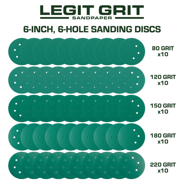 6-Inch 6-Hole Hook & Loop Sanding Discs, Mixed Grit, 50-Pack