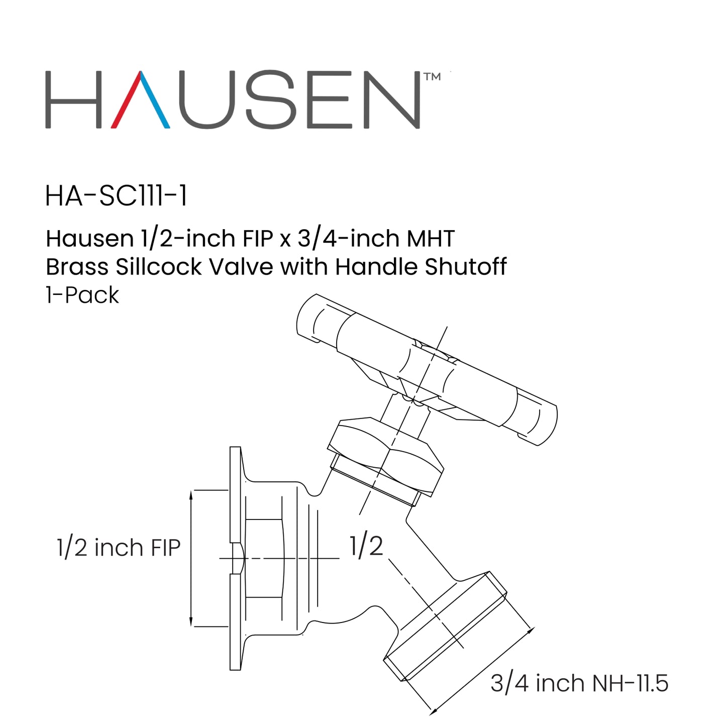 Hausen 1/2-inch FIP x 3/4-inch MHT Brass Sillcock Valve with Handle Shutoff, 1-Pack