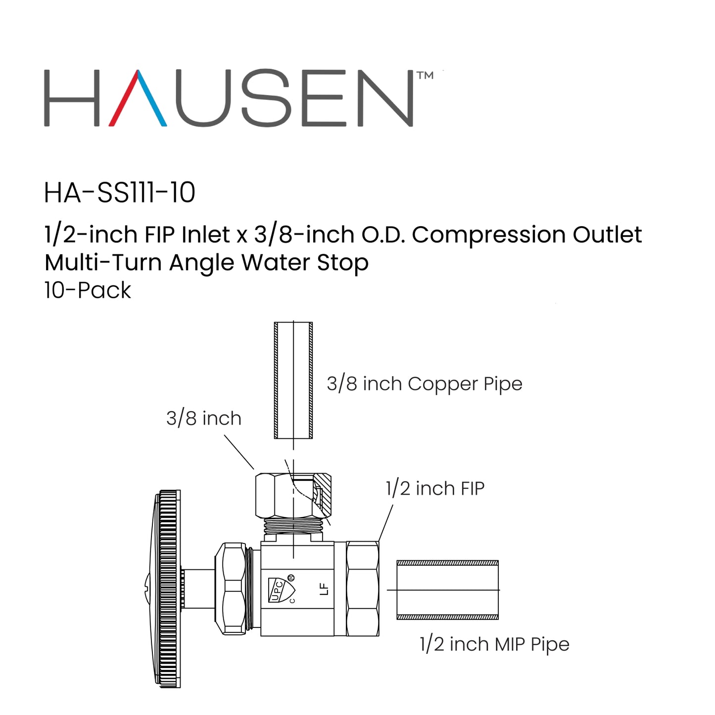 Hausen 1/2-inch FIP Inlet x 3/8-inch O.D. Compression Outlet Multi-Turn Angle Water Stop; Lead-Free Forged Brass; Chrome-Plated; cUPC/ANSI/NSF Certified; Compatible with Iron and Copper Piping, 10-Pack