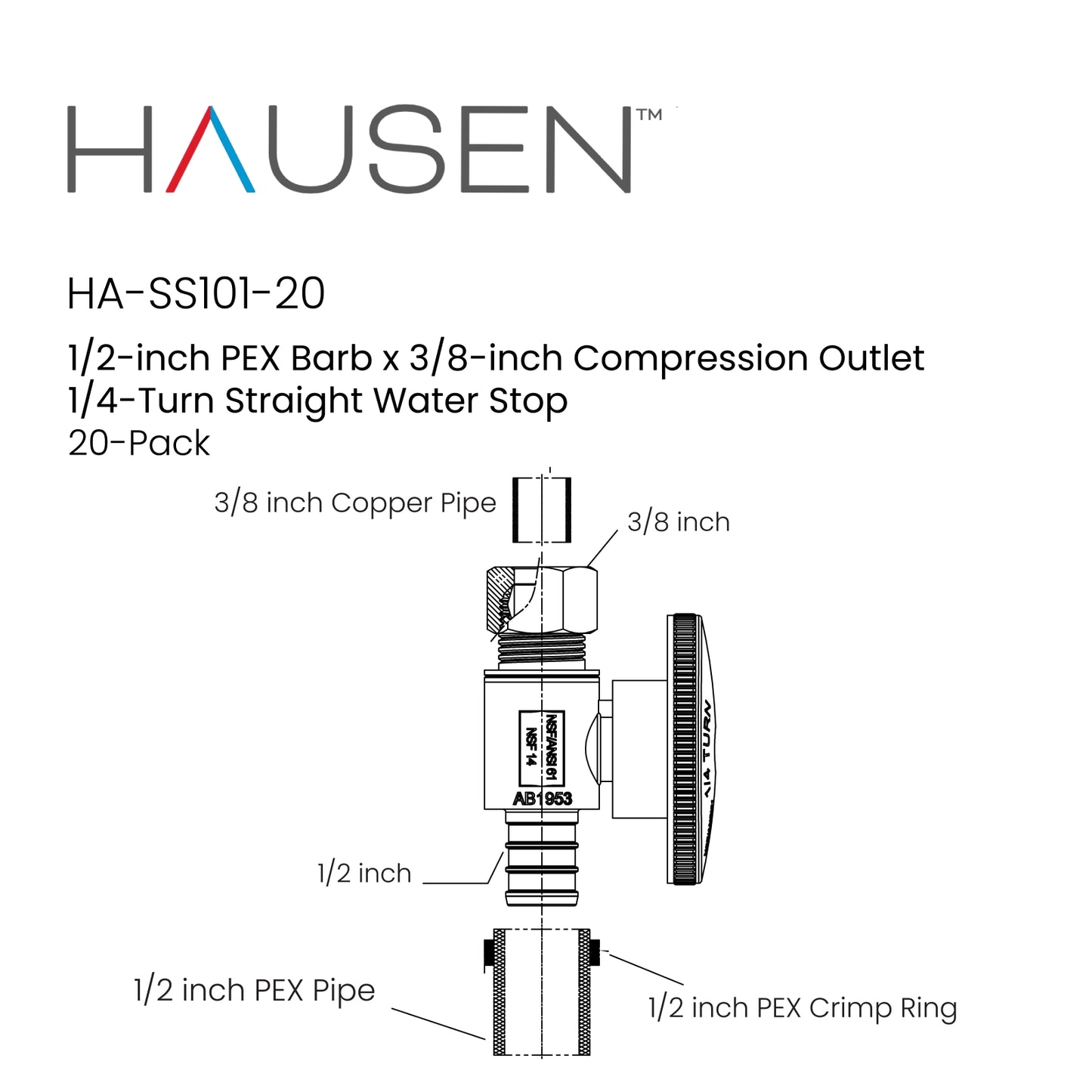 Hausen 1/2-inch PEX Barb x 3/8-inch Compression Outlet 1/4-Turn Straight Water Stop; Lead-Free Forged Brass; Chrome-Plated; cUPC/ANSI/NSF Certified; Compatible with PEX and Copper Piping, 20-Pack