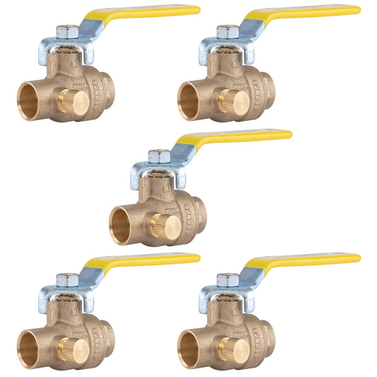 Hausen 1/2-inch Sweat x 1/2-inch Sweat Full Port Brass Ball Valve with Drain; Lead Free Forged Brass; Blowout Resistant Stem; For Use in Potable Water, Oil and Gas Distribution Systems, 5-Pack