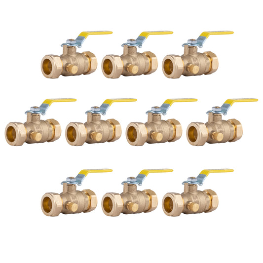 Hausen 3/4-inch Compression Standard Port Brass Ball Valve with Drain; Lead Free Forged Brass; Blowout Resistant Stem; For Use in Potable Water, Oil and Gas Distribution Systems, 10-Pack