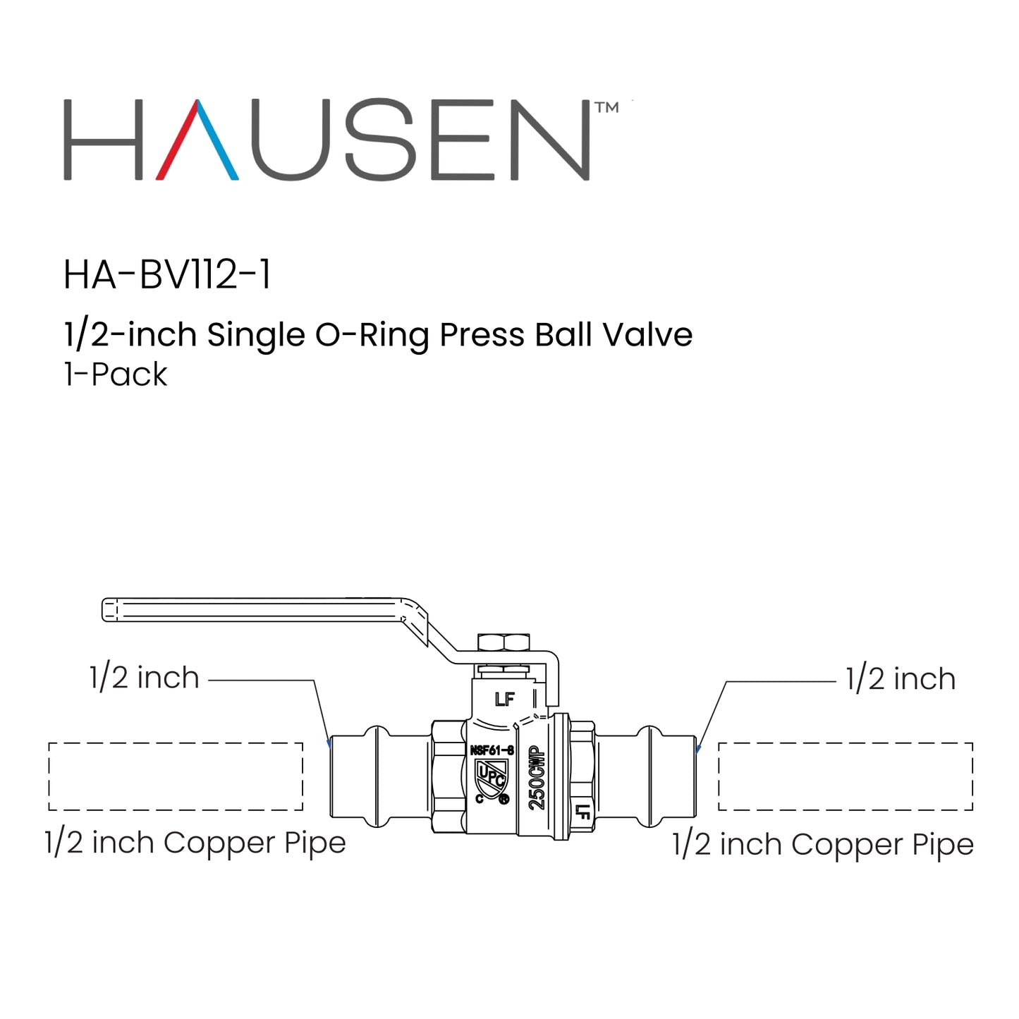 Hausen 1/2-inch Single O-Ring Press Ball Valve, 1-Pack