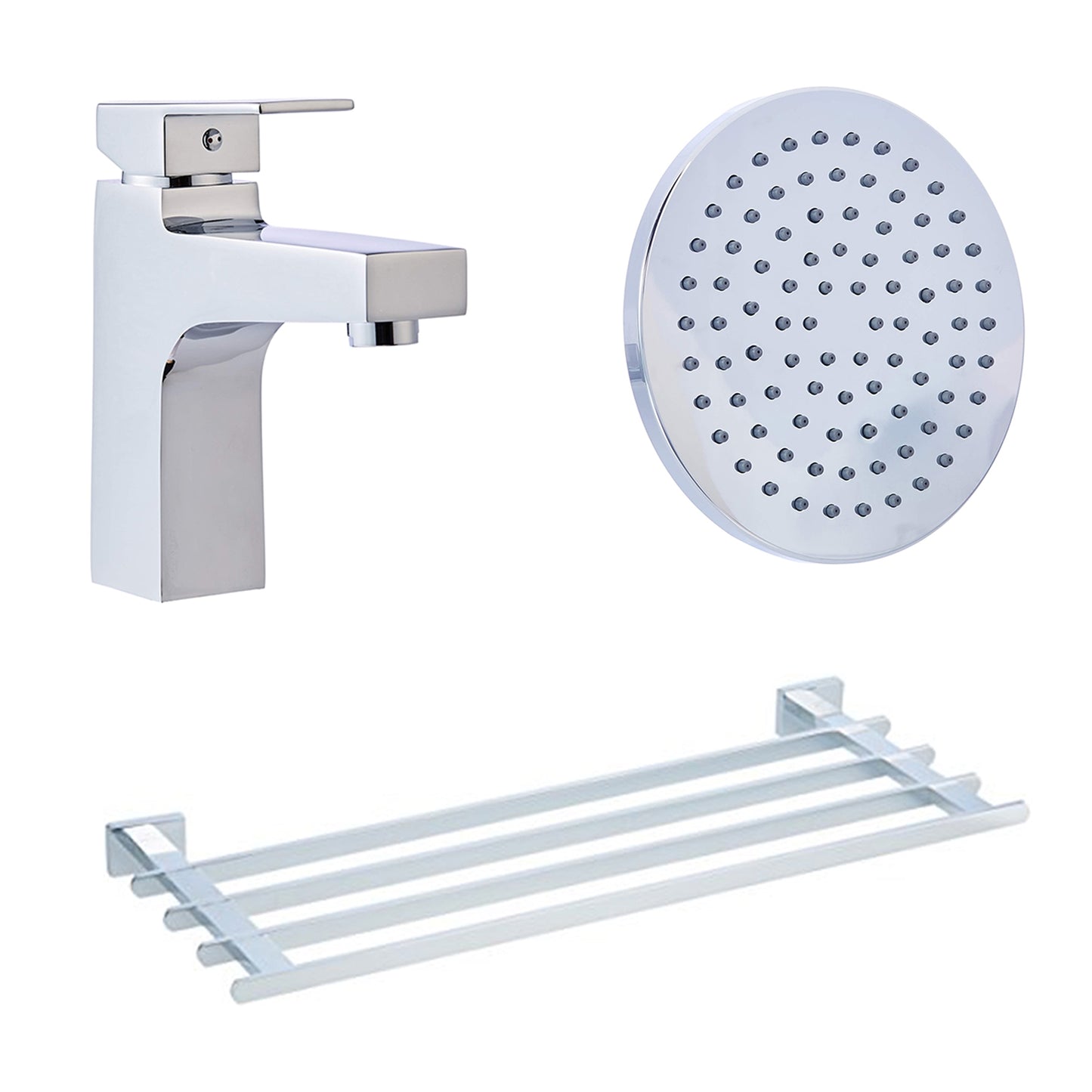 Polished Chrome Bathroom Faucet 1-hole installation + Polished Chrome 6-inch Rain Shower Head + 21-Inch Euro Towel Rack - Polished Chrome