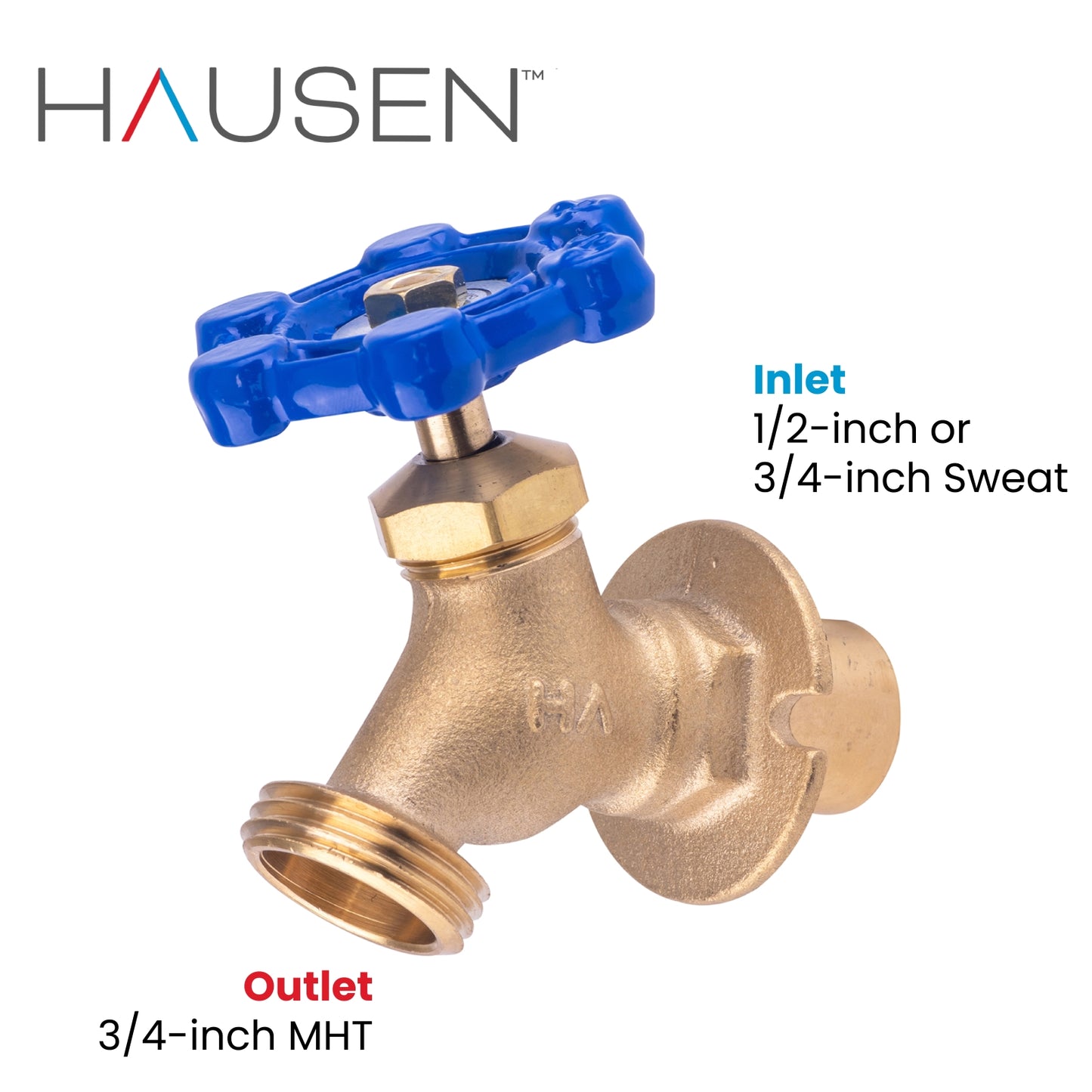 Hausen 1/2-inch or 3/4-inch Sweat x 3/4-inch MHT (Male Hose Thread) Brass Sillcock Valve with Handle Shutoff; cUPC Certified, Compatible with Standard Garden Hoses, 5-Pack