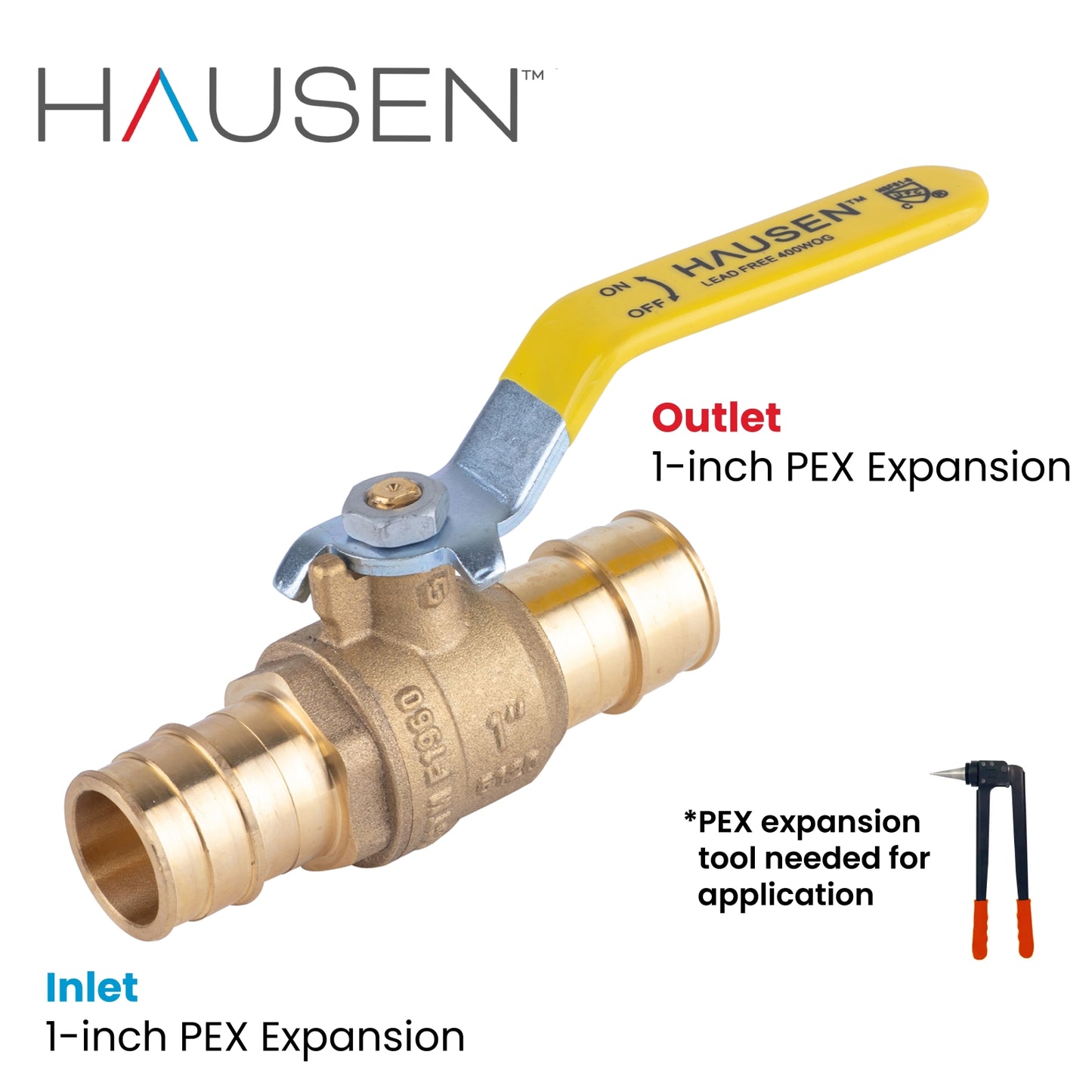 Hausen 1-inch PEX Standard Port Brass Ball Valve with PEX Expansion Connection; Lead Free Forged Brass; Blowout Resistant Stem; For Use in Potable Water, Oil and Gas Distribution Systems, 10-Pack