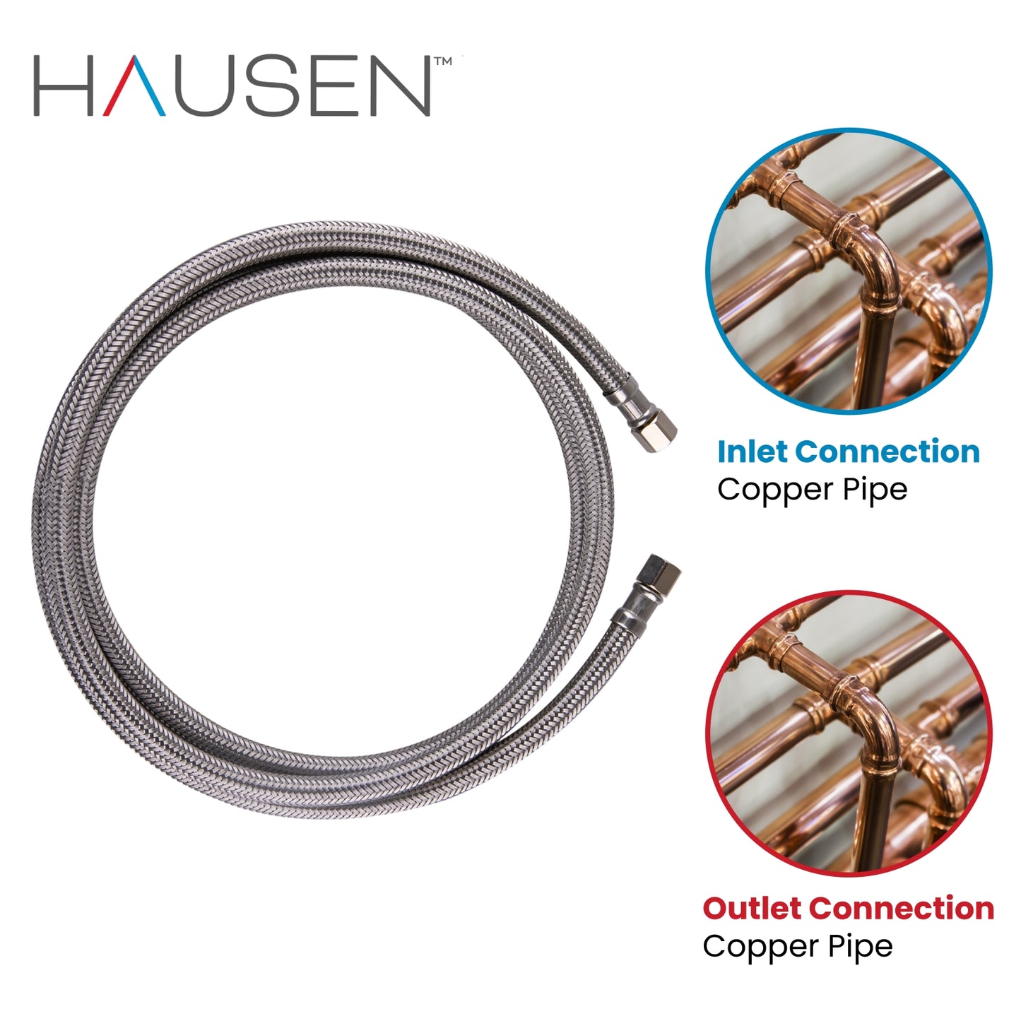 Hausen 1/4-inch Compression x 1/4-inch Compression x 72-inch (6-Feet) Length Stainless Steel Ice Maker Water Supply Connector; Lead Free; Compatible with Standard Refrigerators, 1-Pack