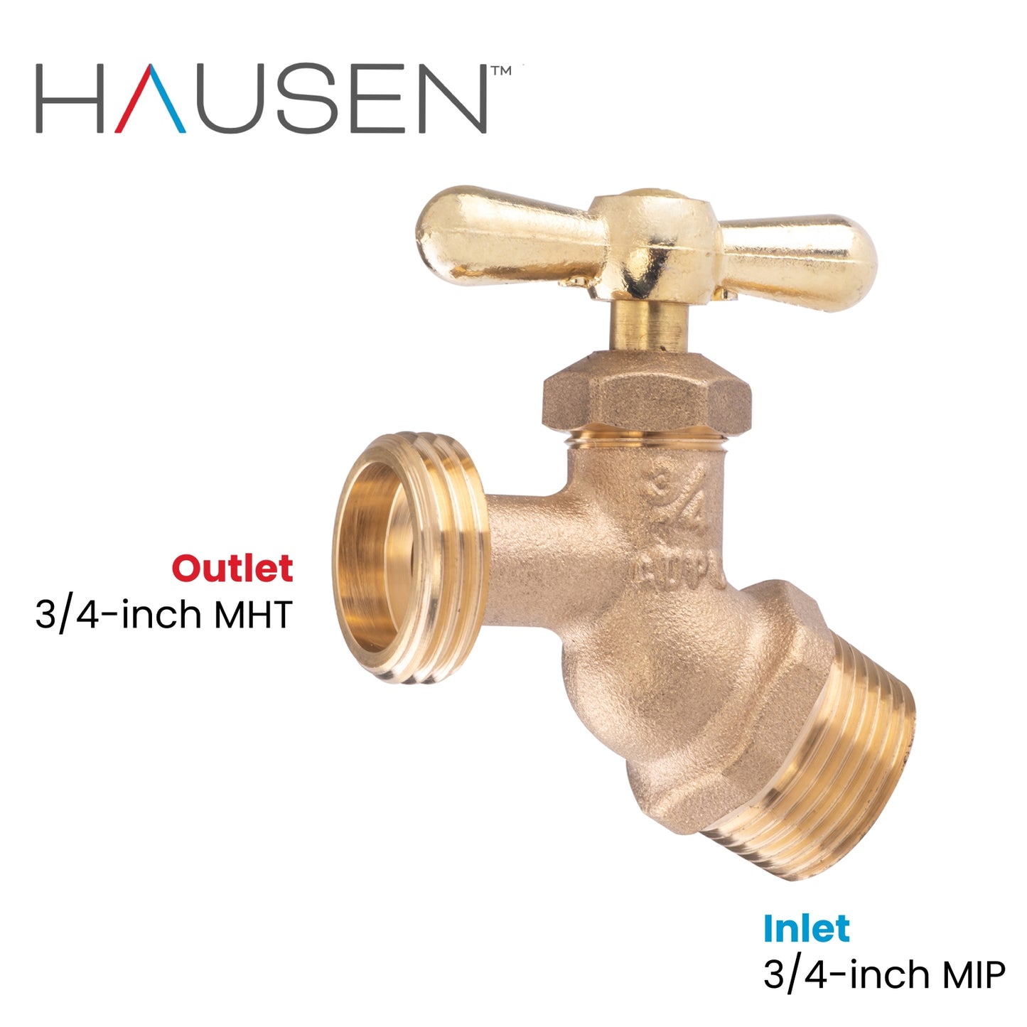 Hausen 3/4-inch MIP (Male Iron Pipe) x 3/4-inch MHT (Male Hose Thread) Brass Angled No-Kink Hose Bibb Valve with Tee Handle Shutoff; cUPC Certified, Compatible with Standard Garden Hoses, 10-pack
