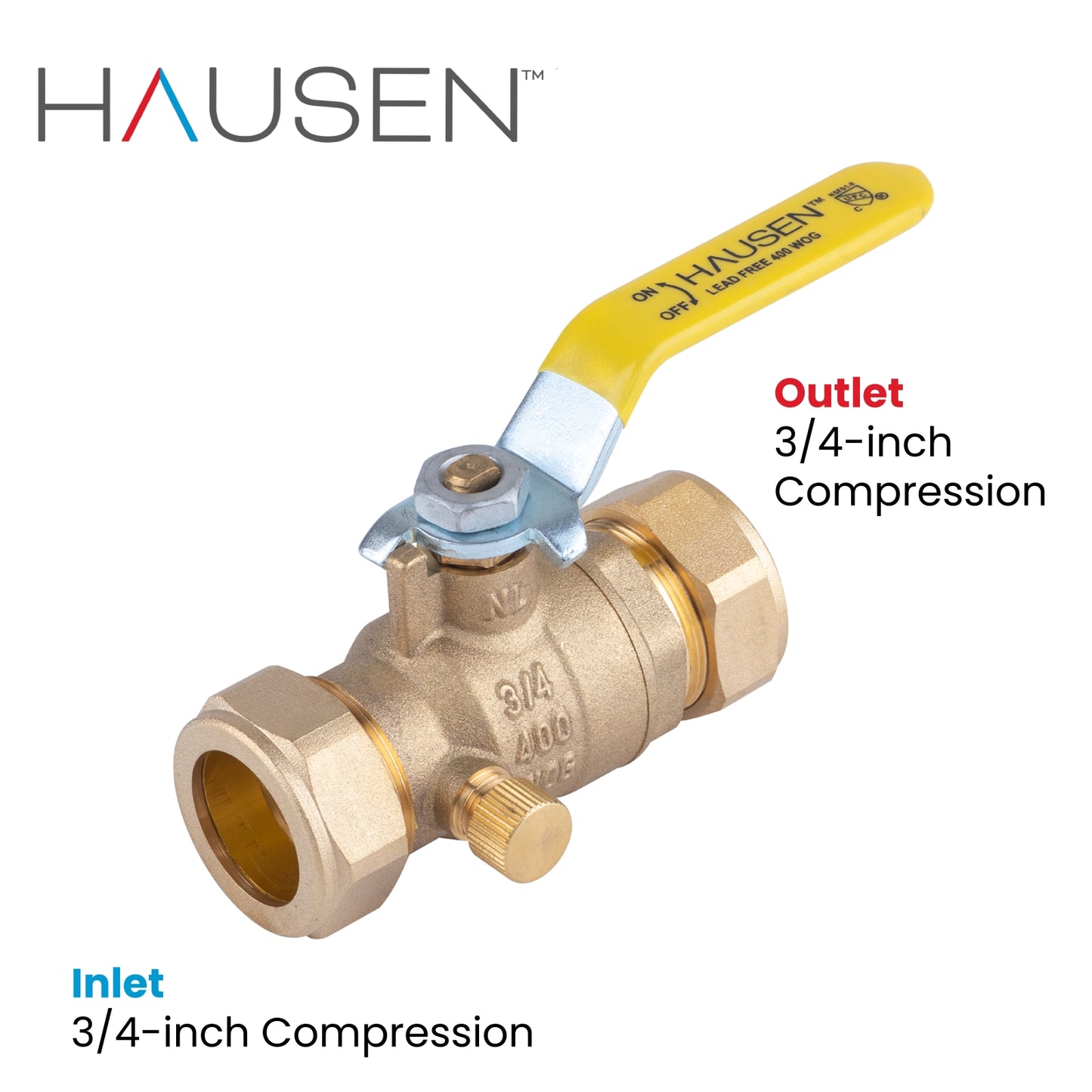 Hausen 3/4-inch Compression Standard Port Brass Ball Valve with Drain, 1-Pack