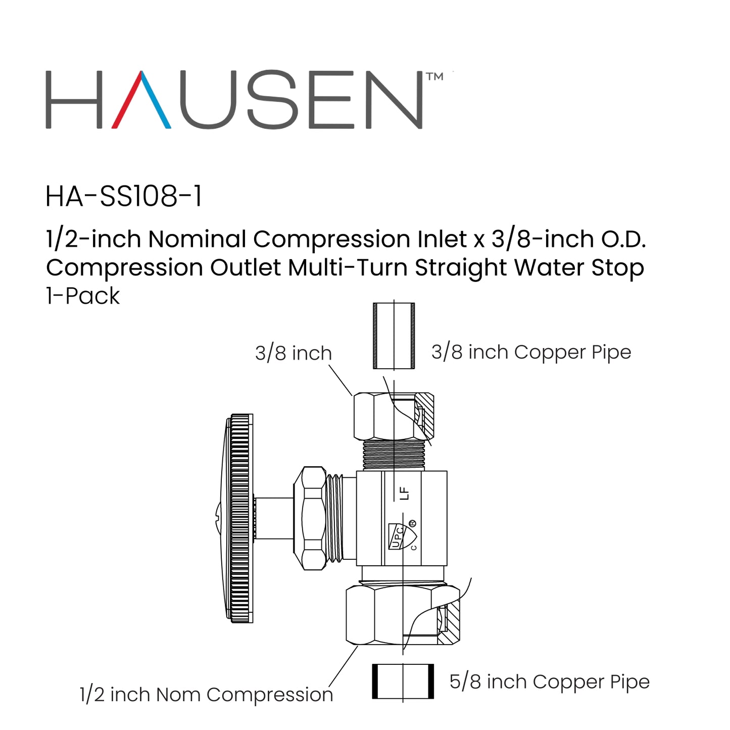 Hausen 1/2-inch Nominal Compression Inlet x 3/8-inch O.D. Compression Outlet Multi-Turn Straight Water Stop, 1-Pack