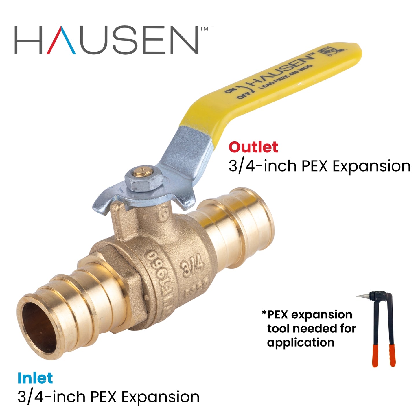 Hausen 3/4-inch PEX Standard Port Brass Ball Valve with PEX Expansion Connection; Lead Free Forged Brass; Blowout Resistant Stem; For Use in Potable Water, Oil and Gas Distribution Systems, 10-Pack