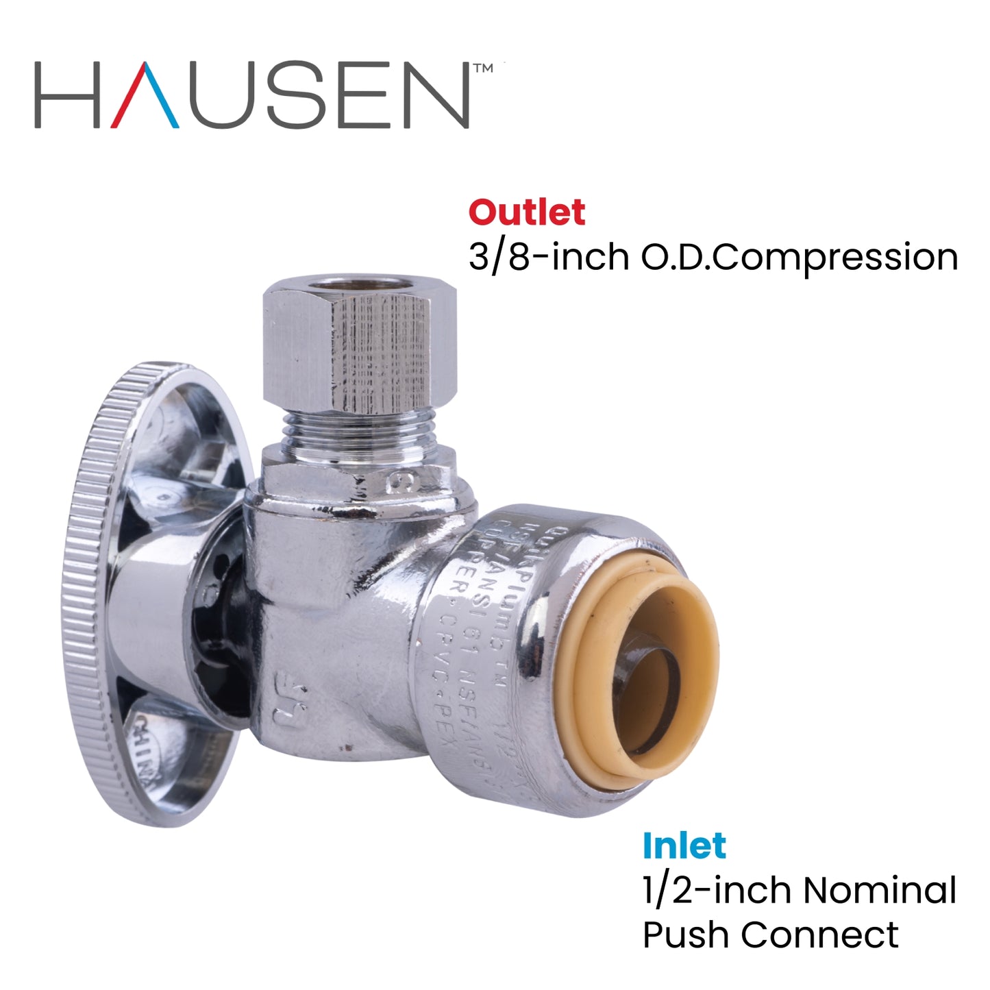 Hausen 1/2-inch Nominal Push Connect Inlet x 3/8-inch O.D. Compression Outlet 1/4-Turn Angle Water Stop; Lead-Free Forged Brass; Chrome-Plated; Compatible with Copper, CPVC and PEX Piping, 10-Pack