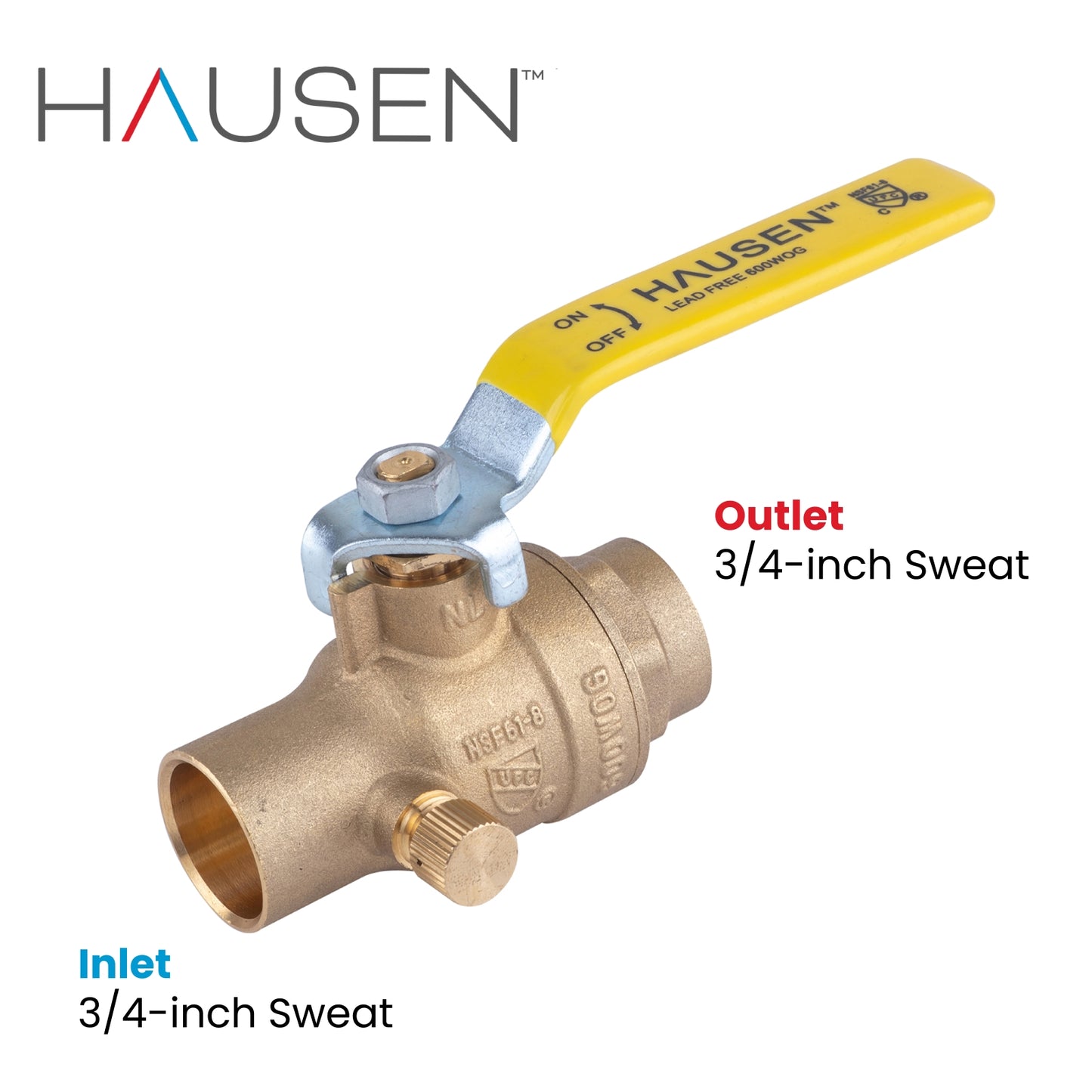 Hausen 3/4-inch Sweat x 3/4-inch Sweat Full Port Brass Ball Valve with Drain; Lead Free Forged Brass; Blowout Resistant Stem; For Use in Potable Water, Oil and Gas Distribution Systems, 5-Pack