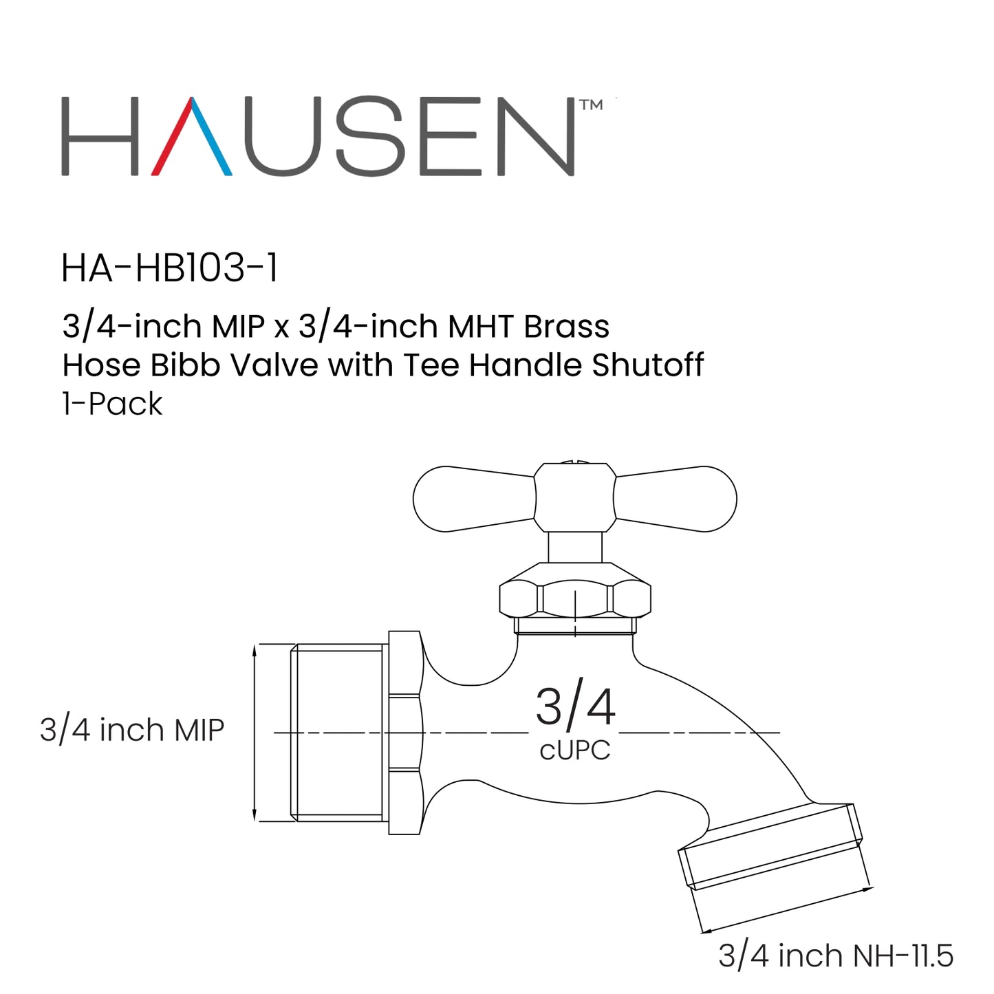 Hausen 3/4-inch MIP x 3/4-inch MHT Brass Hose Bibb Valve with Tee Handle Shutoff, 1-Pack