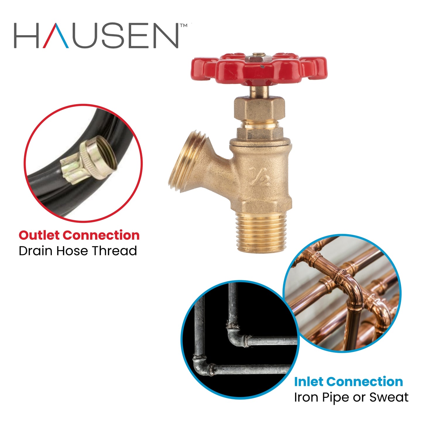Hausen 1/2-inch MIP or 1/2-inch Sweat x 3/4-inch MHT Brass Boiler Drain Valve, 1-Pack