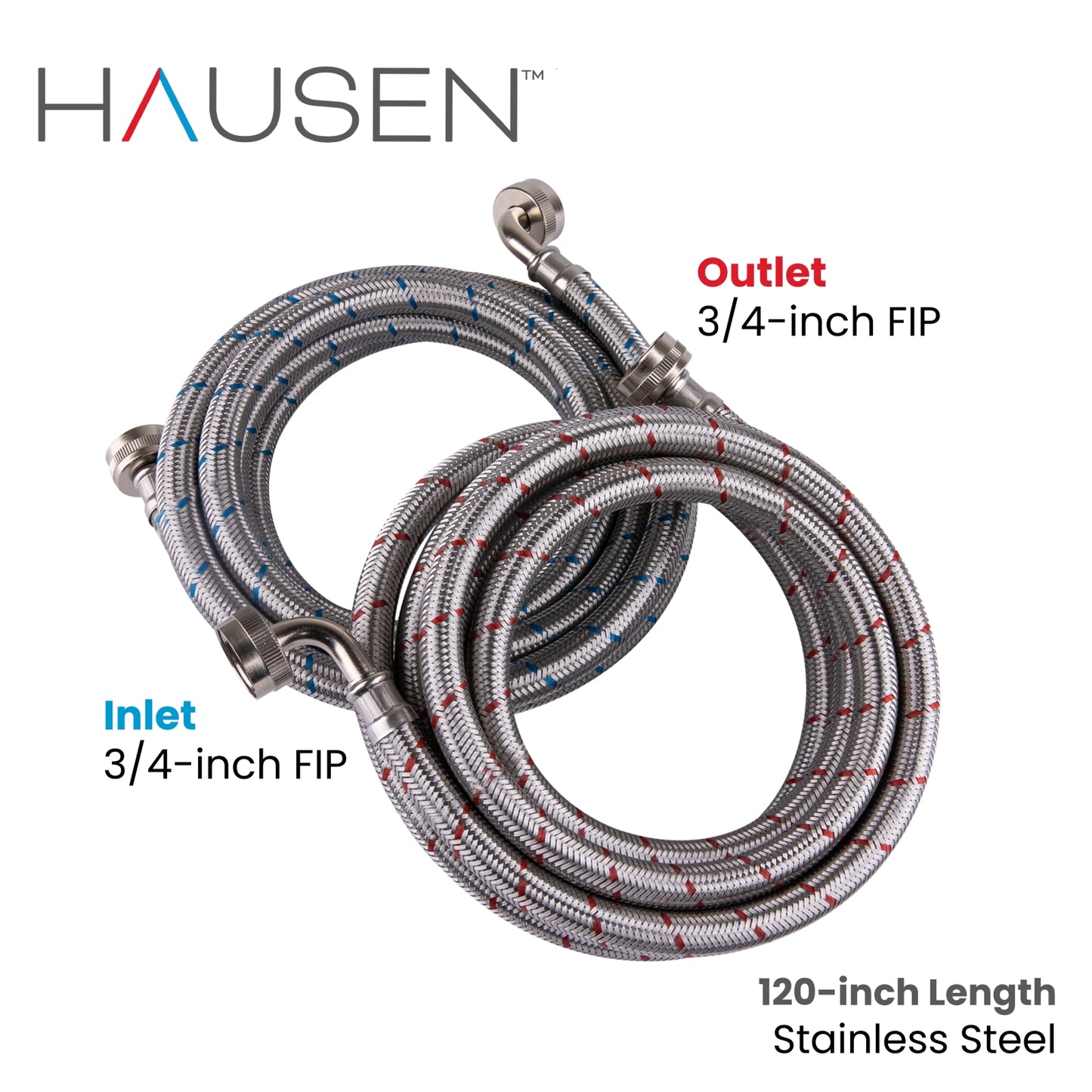 Hausen 3/4-inch FIP (Female Iron Pipe) x 3/4-inch FIP (Female Iron Pipe) x 120-inch (10-Feet) Length Stainless Steel Washing Machine Water Supply Connector with Elbow; For Cold/Hot Water Connections, 1-Pack