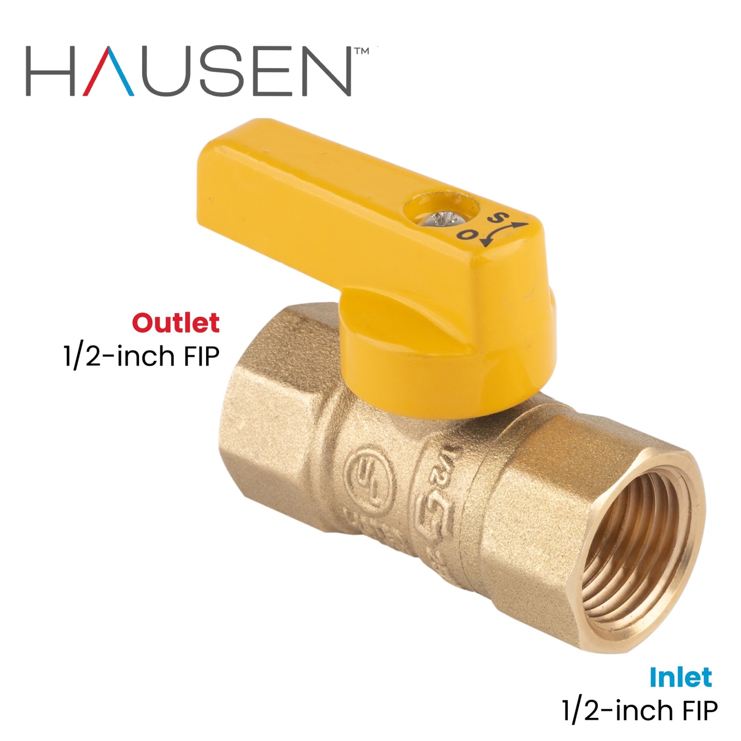 Hausen 1/2-inch FIP (Female Iron Pipe) x 1/2-inch FIP (Female Iron Pipe) Straight Gas Ball Valve with 1/4-Turn Lever Handle; Forged Brass; Blowout-Resistant Stem; CSA and UL Certified; 5-Pack