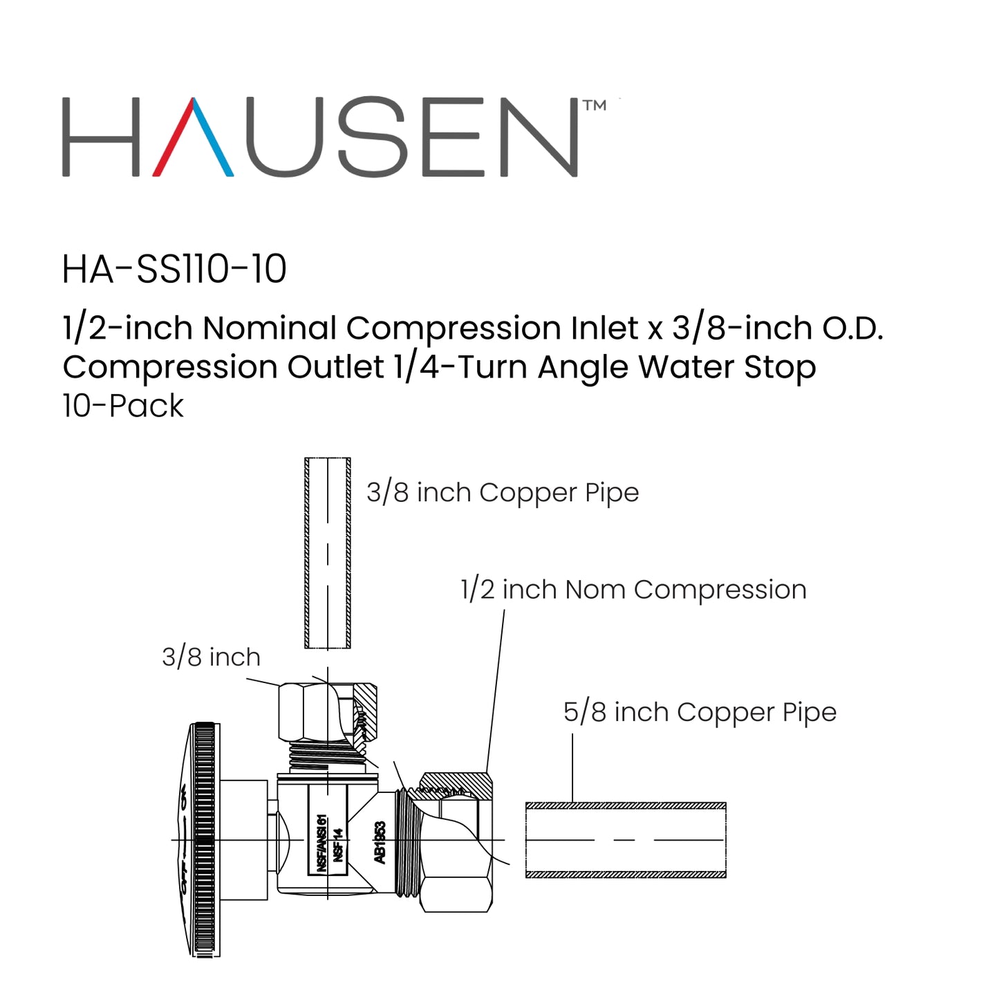 Hausen 1/2-inch Nominal Compression Inlet x 3/8-inch O.D. Compression Outlet 1/4-Turn Angle Water Stop; Lead-Free Forged Brass; Chrome-Plated; cUPC/ANSI/NSF Certified; Compatible with Copper Piping, 10-Pack