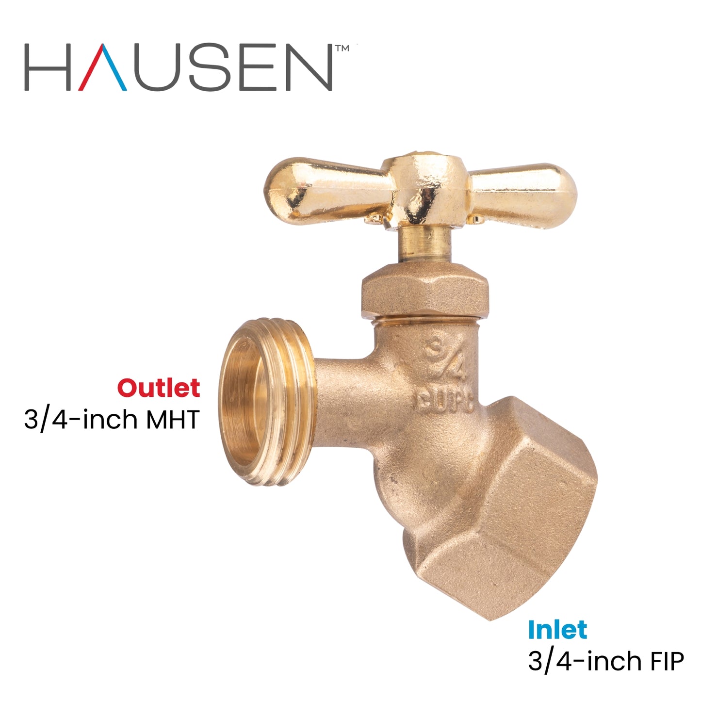 Hausen 3/4-inch FIP (Female Iron Pipe) x 3/4-inch MHT (Male Hose Thread) Brass No-Kink Angled Hose Bibb Valve with Tee Handle Shutoff; cUPC Certified, Compatible with Standard Garden Hoses, 10-pack