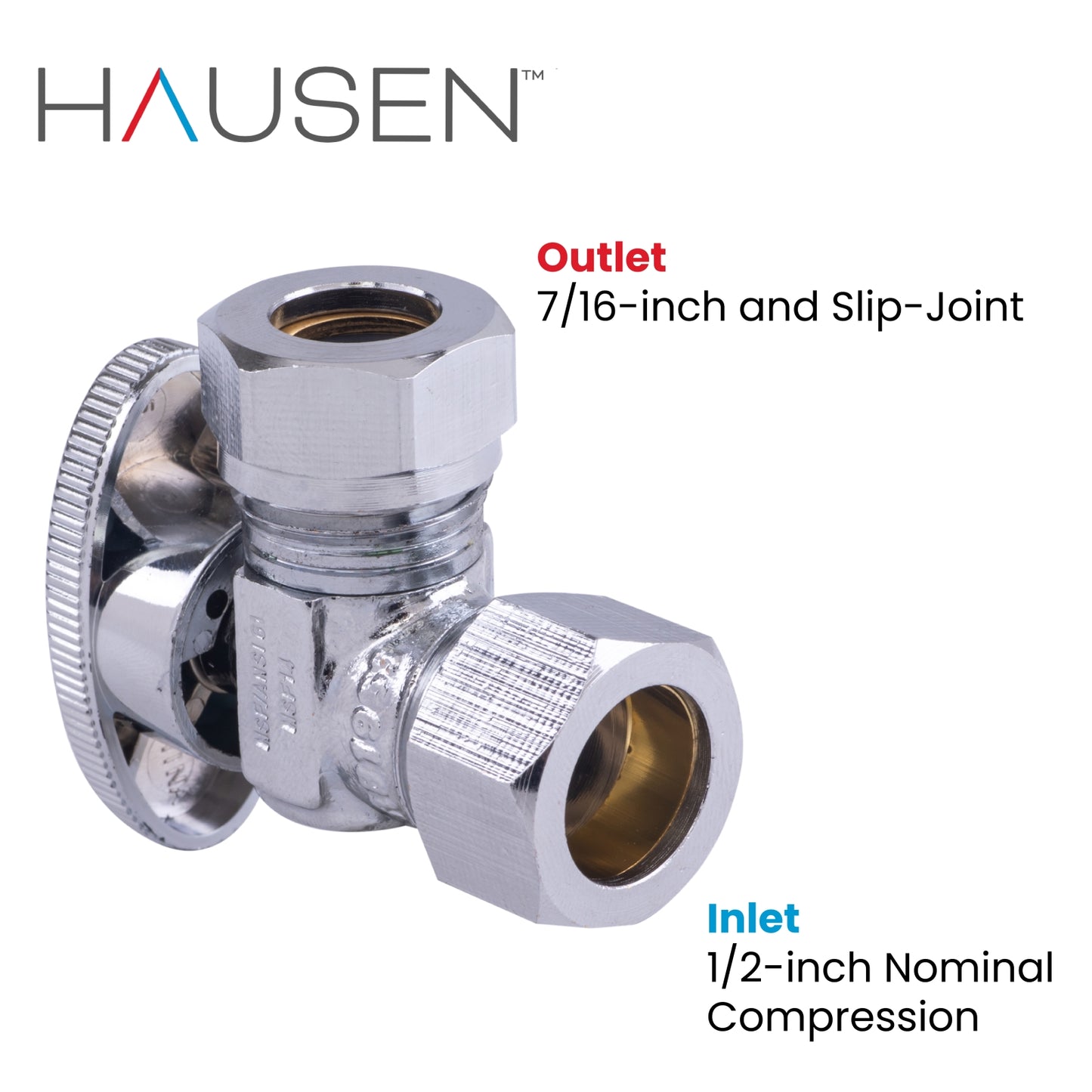 Hausen 1/2-inch Nominal Compression Inlet x 7/16-inch and 1/2-inch Slip-Joint Outlet 1/4-Turn Angle Water Stop; Lead-Free Forged Brass; Chrome-Plated; Compatible with Copper Piping, 5-Pack