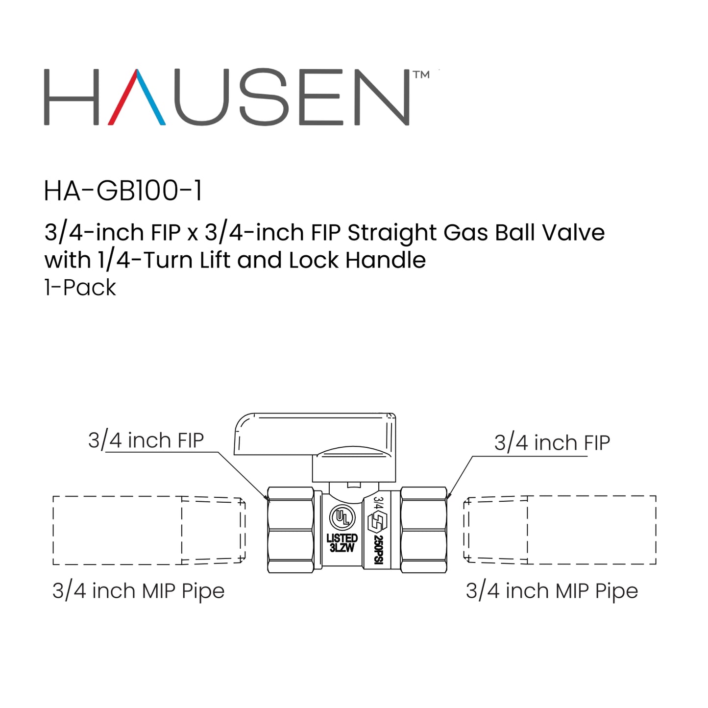 Hausen 3/4-inch FIP x 3/4-inch FIP Straight Gas Ball Valve with 1/4-Turn Lift and Lock Handle, 1-Pack