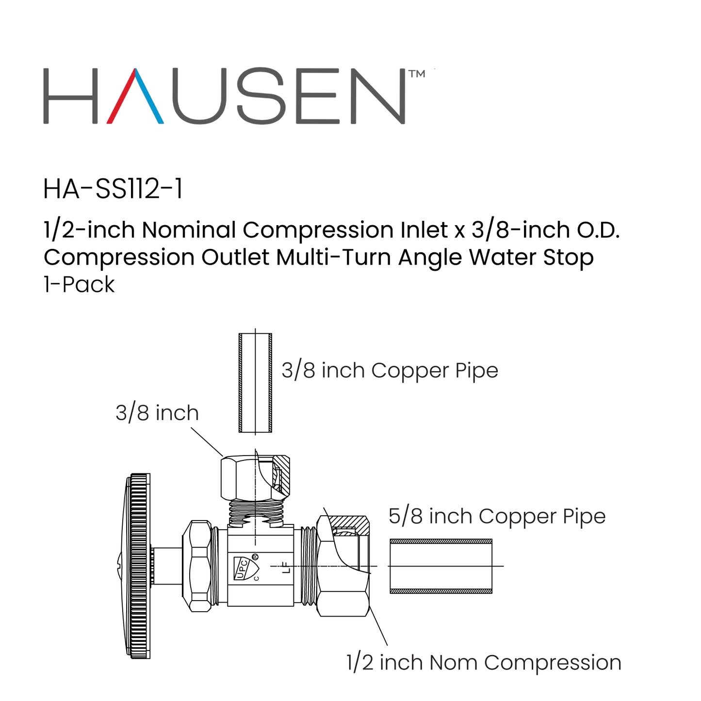 Hausen 1/2-inch Nominal Compression Inlet x 3/8-inch O.D. Compression Outlet Multi-Turn Angle Water Stop, 1-Pack