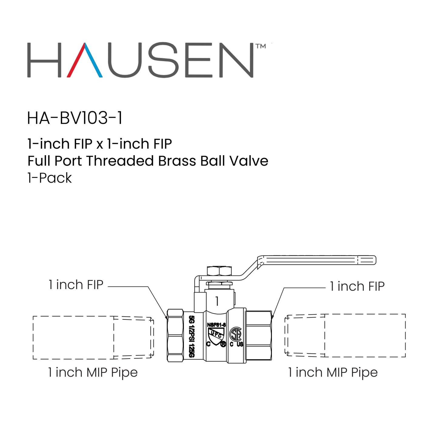 Hausen 1-inch FIP x 1-inch FIP Full Port Threaded Brass Ball Valve, 1-Pack