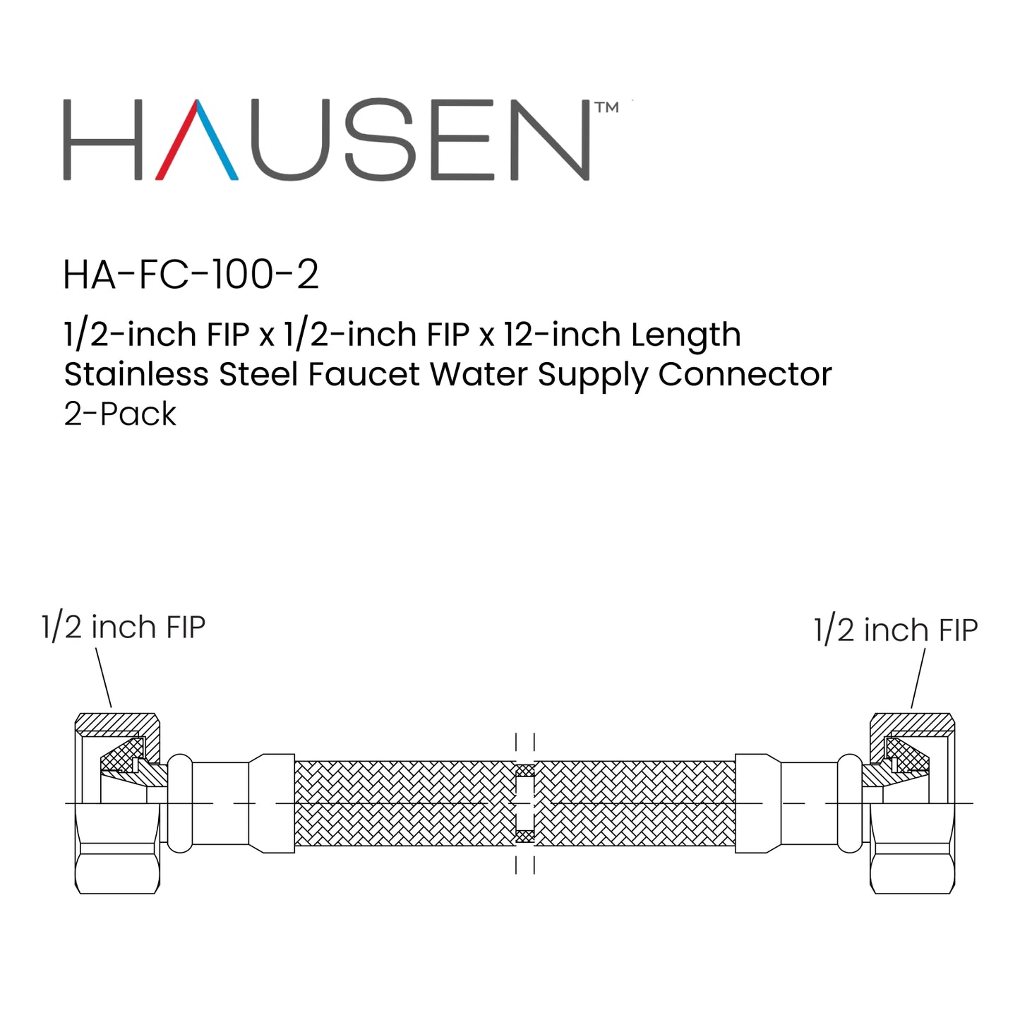 Hausen 1/2-inch FIP x 1/2-inch FIP x 12-inch Length Stainless Steel Faucet Water Supply Connector, 2-Pack